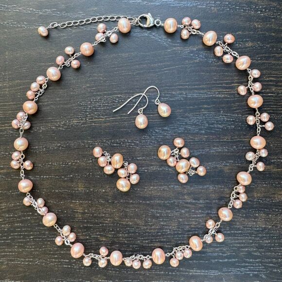 HONORA Sterling Silver Pink Pearl Cluster NECKLACE & Drop Earrings 16" - 19" - Picture 1 of 14